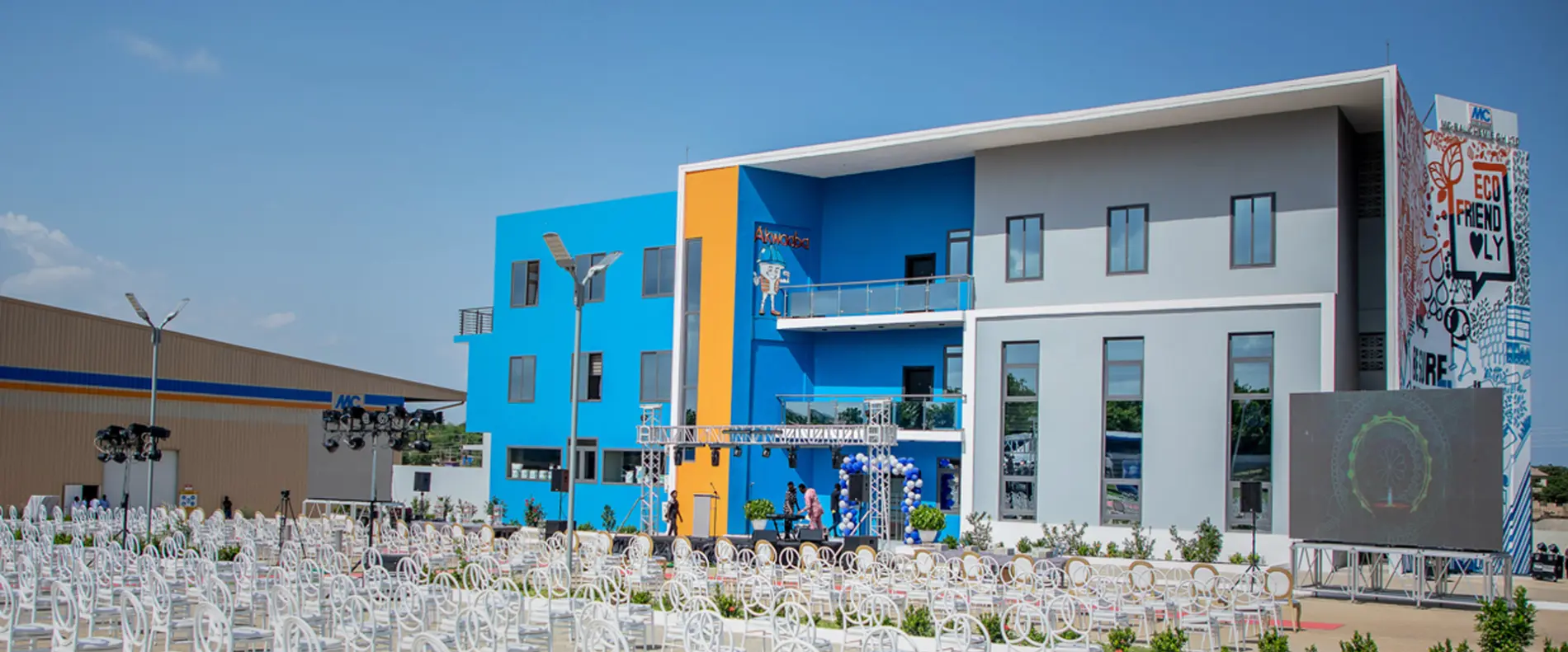 Front view of the new, three-storey office building of MC-Bauchemie Ghana.