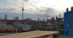 View of the construction site with the Berlin TV Tower on the skyline